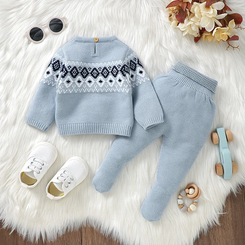 Conjunto bebé 0-9M - suéter tejido y pantalón a rayas; abrigo cálido - imagen 3