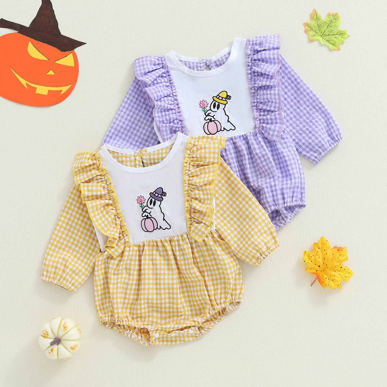 VISgogo Pelele de niña con cuadros y motivo Halloween de otoño - imagen 2
