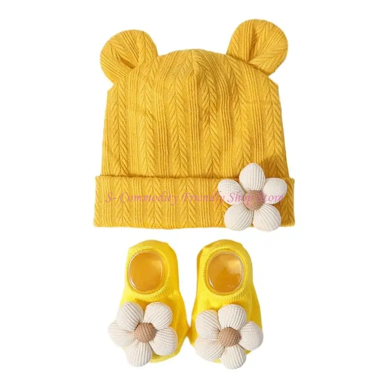 85AE Conjunto gorro y calcetines con orejeras para recién nacido