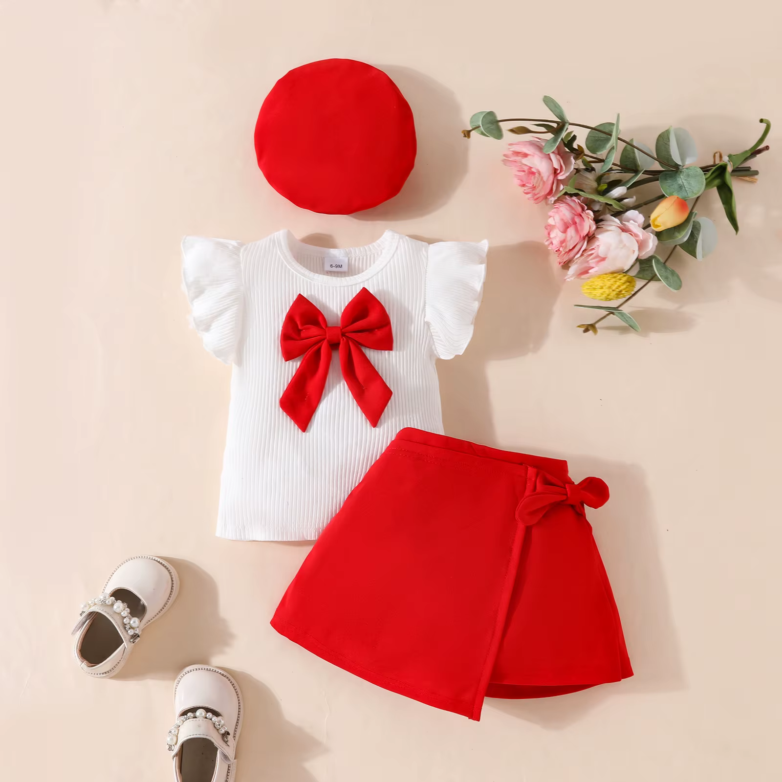Conjunto coreano 3 pzas para niña - top sin mangas con lazo y sombrero - imagen 4