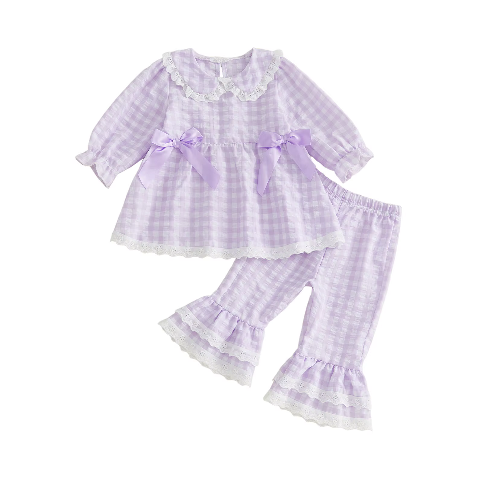 Conjunto de otoño niña: camiseta a cuadros y pantalón acampanado - imagen 5