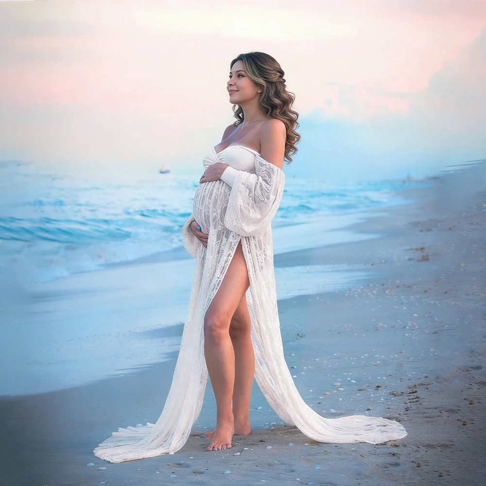 Vestido de maternidad encaje elástico con hombros descubiertos - imagen 4