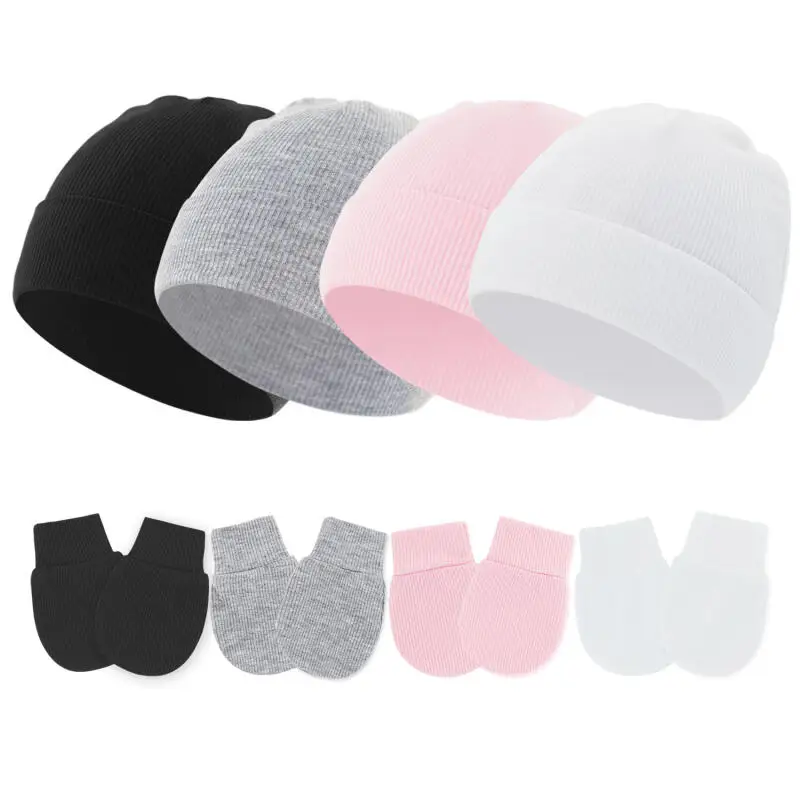 Set de gorros y guantes para bebe recien nacido – Color solido - imagen 2