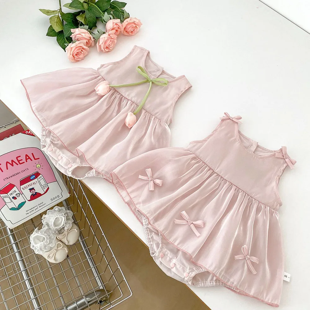 Mono de tulipán con lazo rosa para niñas 0-2 años