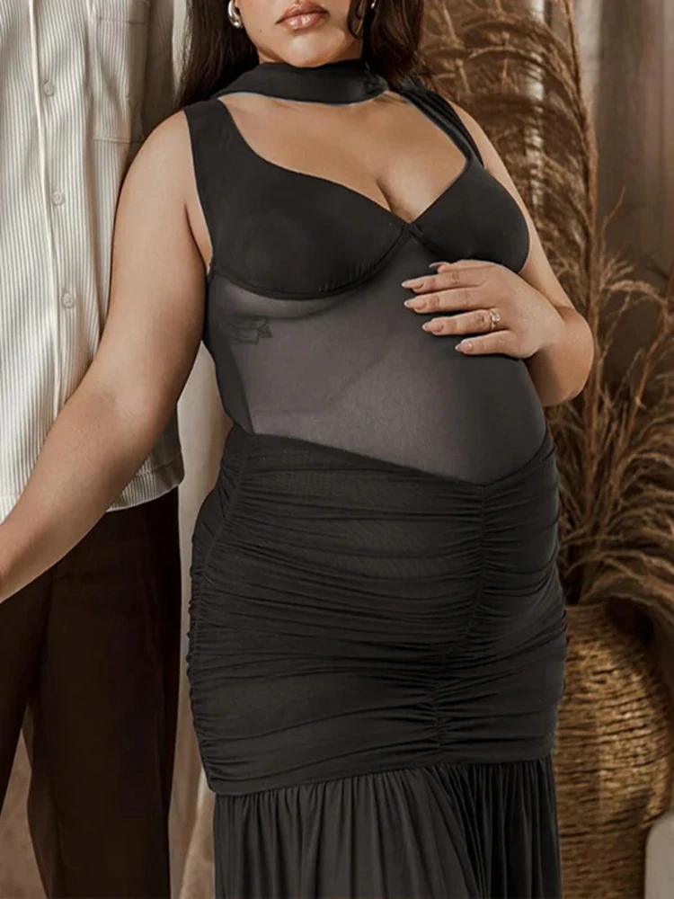 Vestido maternidad negro malla transparente sesión fotográfica embarazo - imagen 3