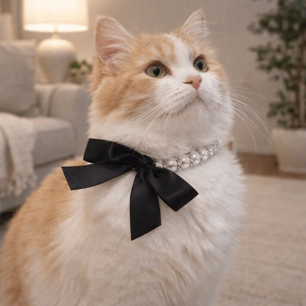 Collar de perlas ajustable para gatos con lazo elegante - imagen 2
