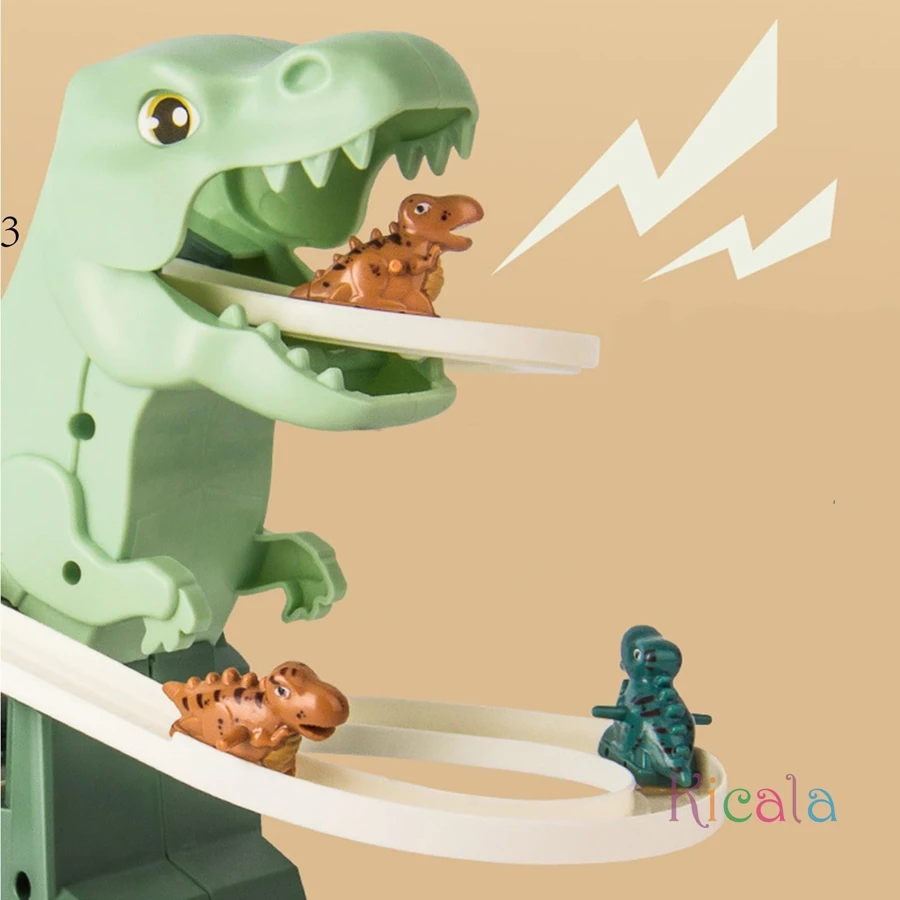 Pista de coches para niños con dinosaurio, tobogán y música eléctrica