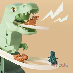 Pista de coches para niños con dinosaurio, tobogán y música eléctrica