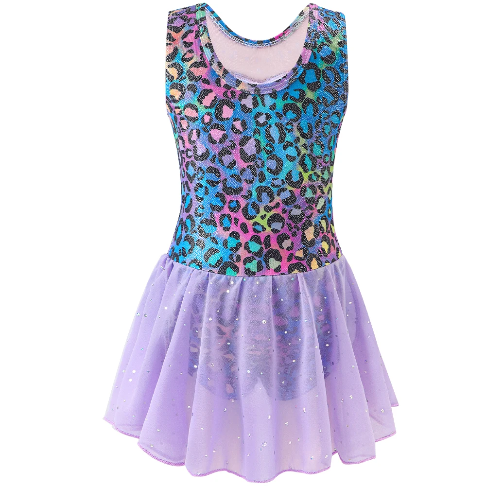 Vestido de ballet estampado leopardo sin mangas de malla para niña