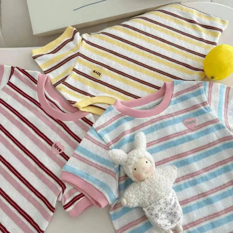 Camiseta niña manga corta a rayas rosas con bloques de color verano - imagen 4