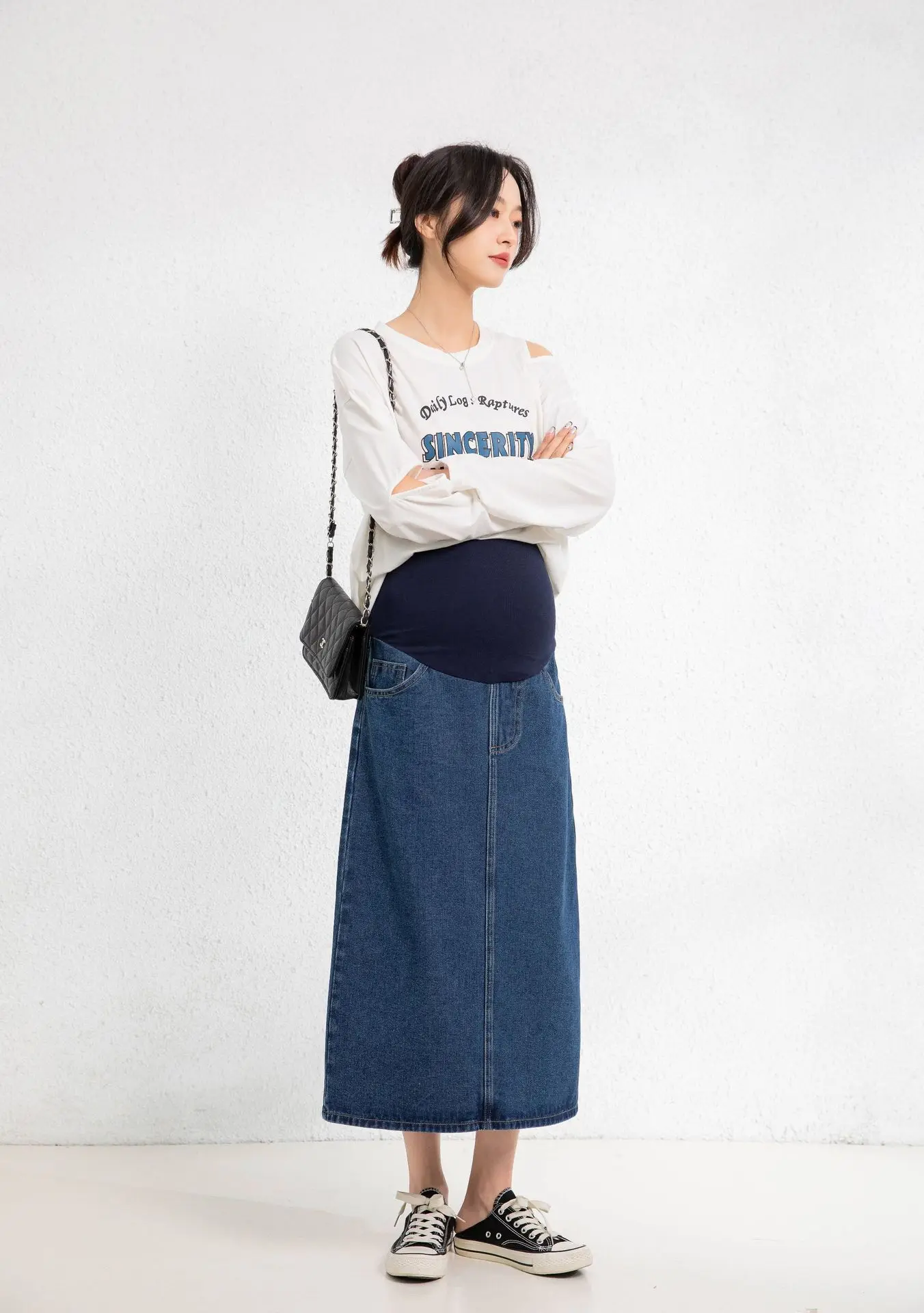 Falda de embarazo vaquera larga elástica para invierno - imagen 4