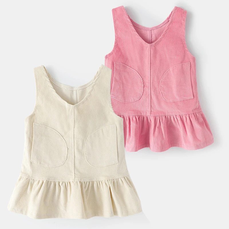 Milangel Vestido plisado de pana con cuello en V para niñas