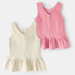 Milangel Vestido plisado de pana con cuello en V para niñas