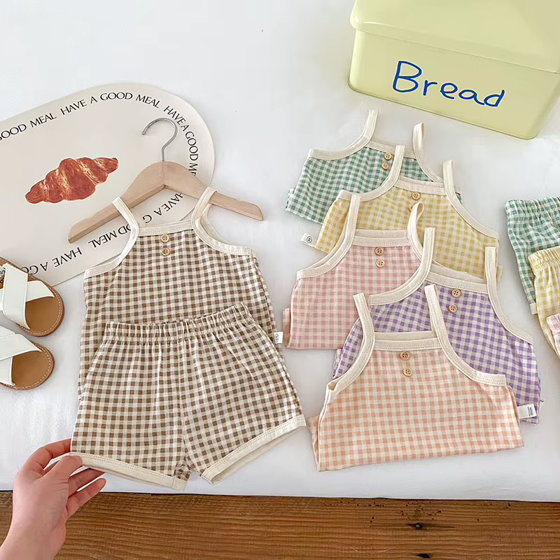 Conjunto verano algodón para bebé y niño – Camiseta y shorts a cuadros - imagen 2