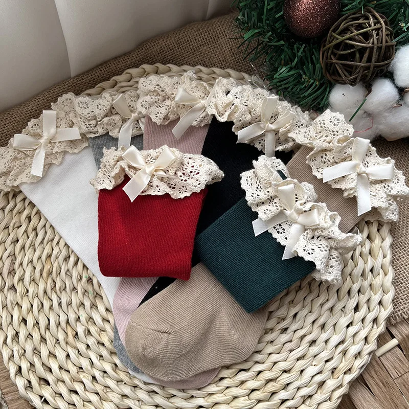 Calcetin blanco de algodón con volantes para niña – Invierno y otoño - imagen 2