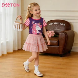 DXTON Camiseta niña de manga corta rayas y estampado unicornio