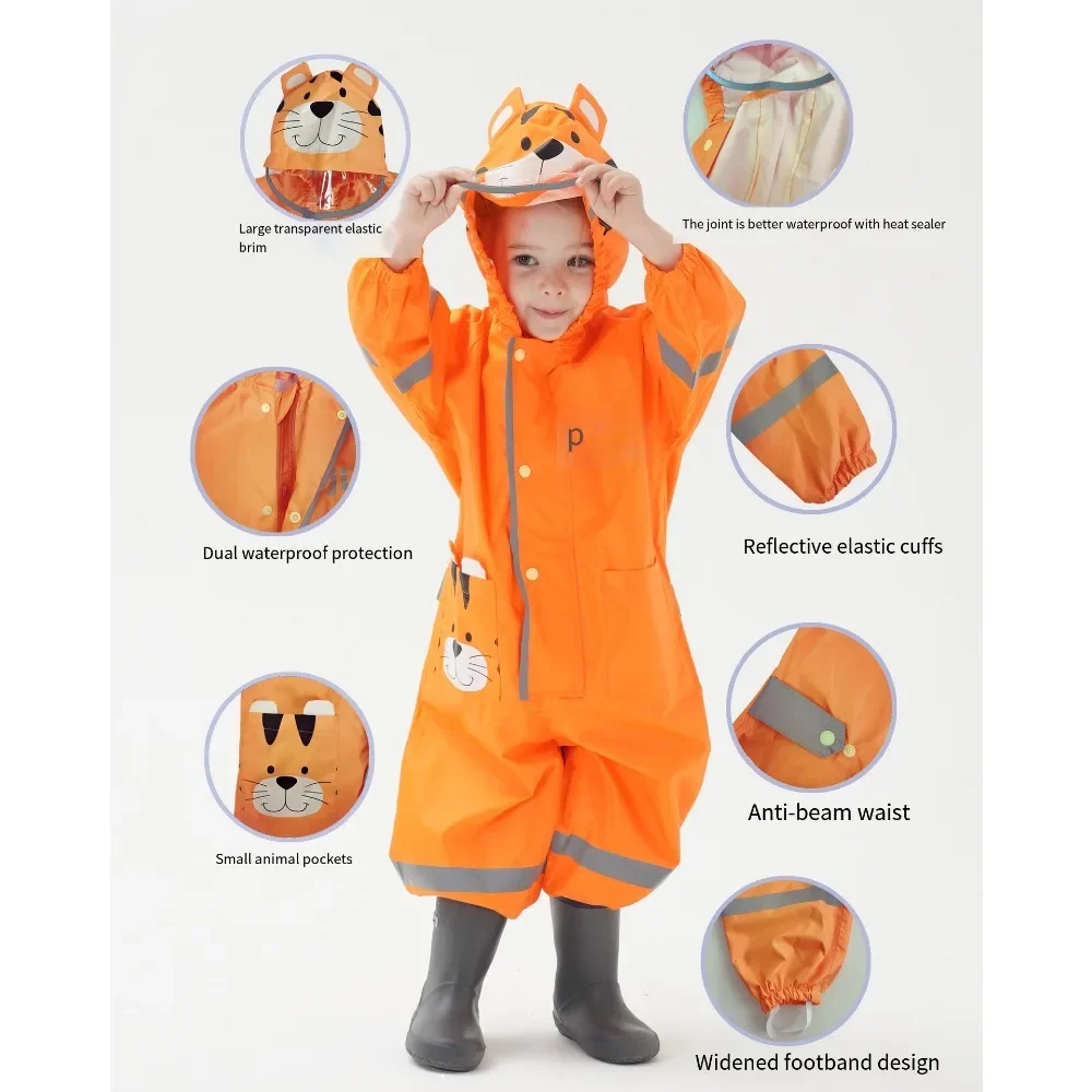 Chubasquero infantil impermeable 3D con tiras reflectantes y capucha