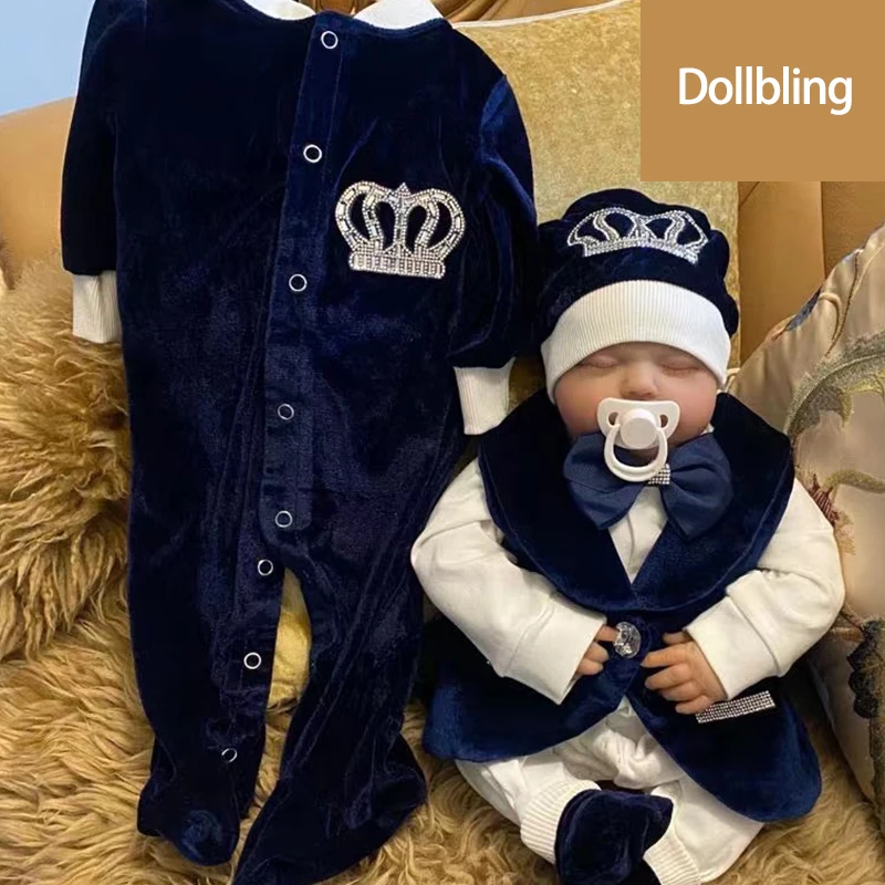 Dollbling conjunto de mameluco terciopelo azul real para bebé - imagen 5