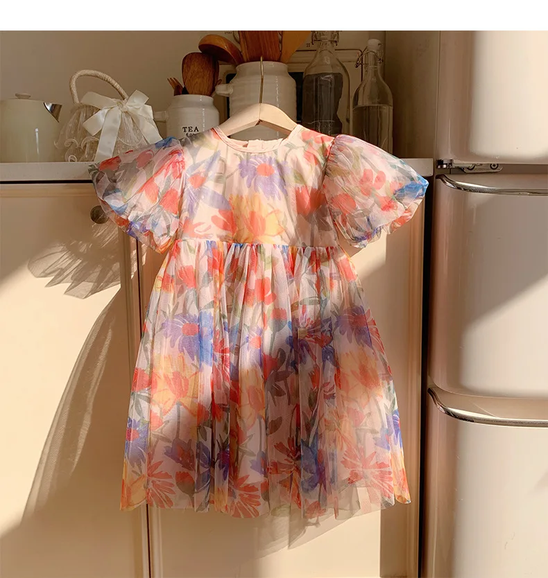 Vestido de verano de malla para niñas con flores y mangas abullonadas - imagen 2