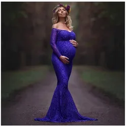 Vestido de maternidad de encaje de manga larga con un hombro para fotos