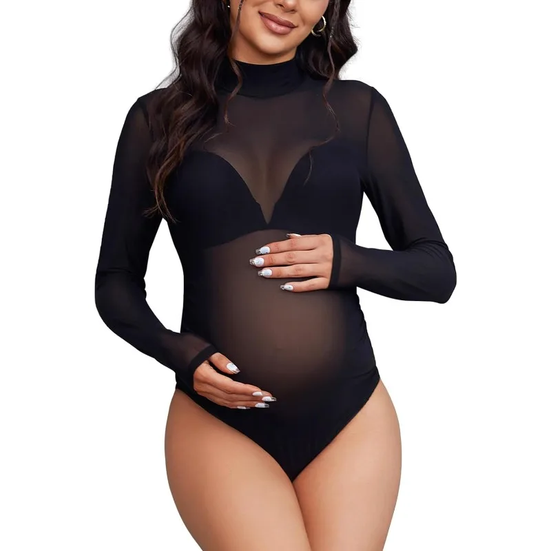 Body de maternidad negro elástico con cuello simulado para fotos