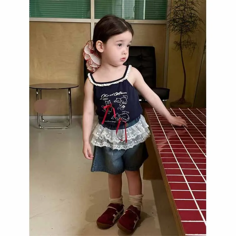 Pantalones cortos vaqueros de mezclilla con encaje para niña infantil - imagen 4