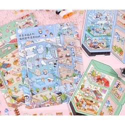 Pegatinas 3D kawaii de verano con paisaje de cabaña para frigorífico