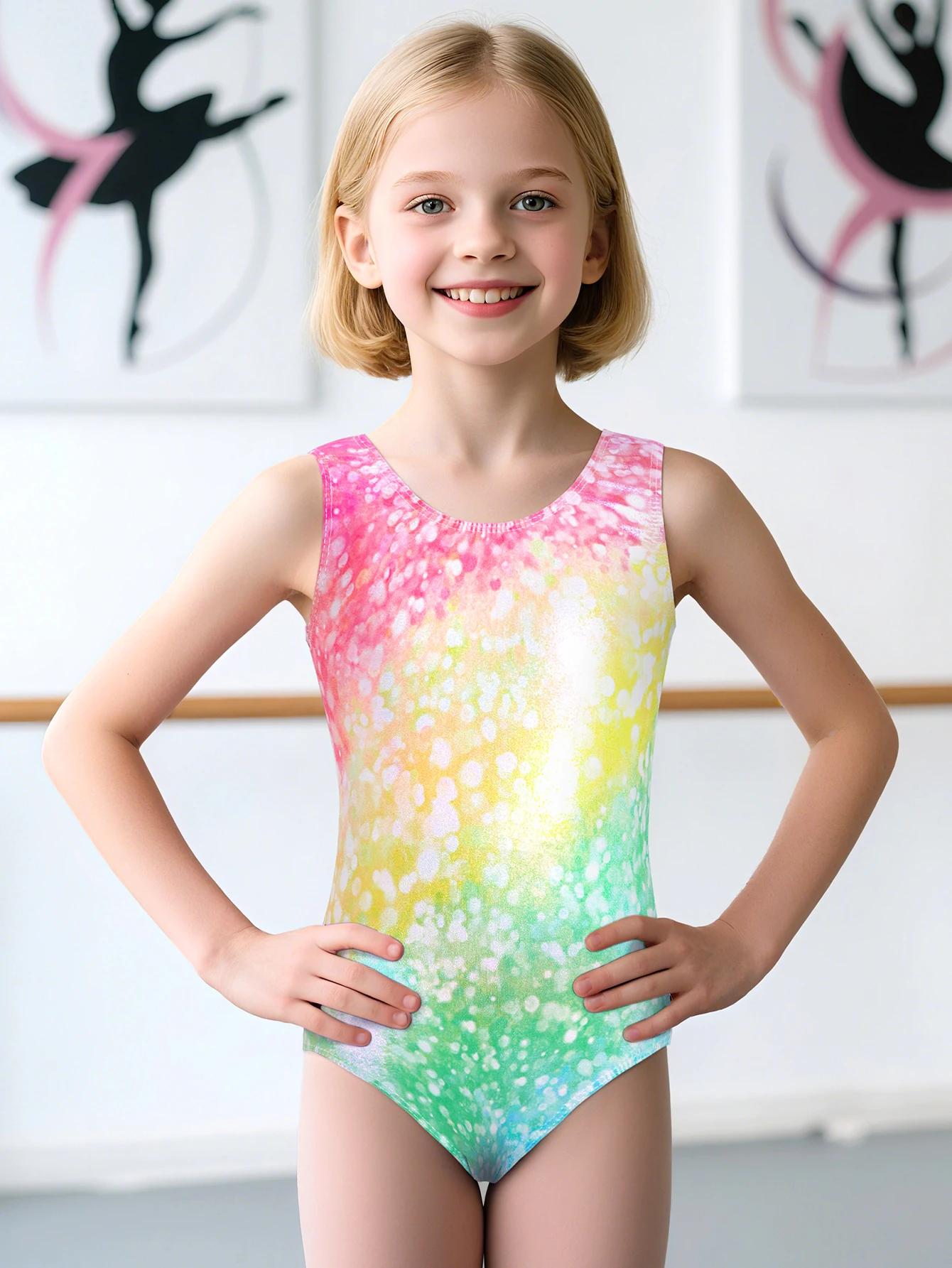 Leotardos de gimnasia para niñas sin mangas de baile brillante - imagen 4