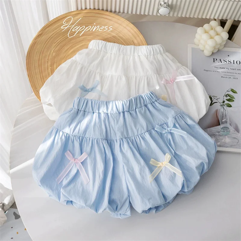 Pantalones cortos con pajarita para niñas – verano liso - imagen 3