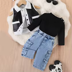 Conjunto de niña chaleco polipiel y vaqueros