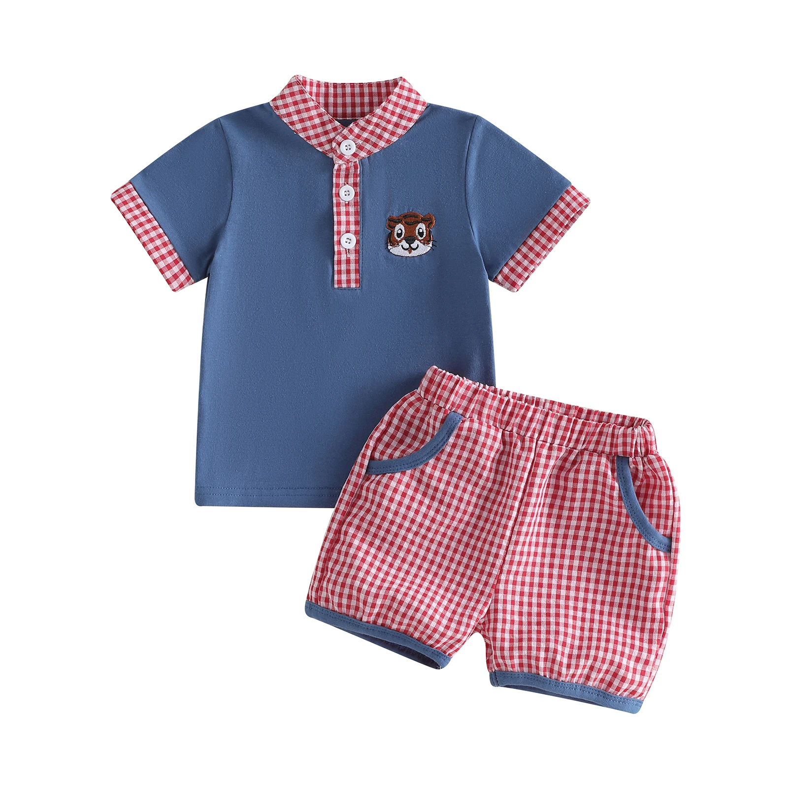 Conjunto bebé verano camiseta bordado animal pantalón cuadros