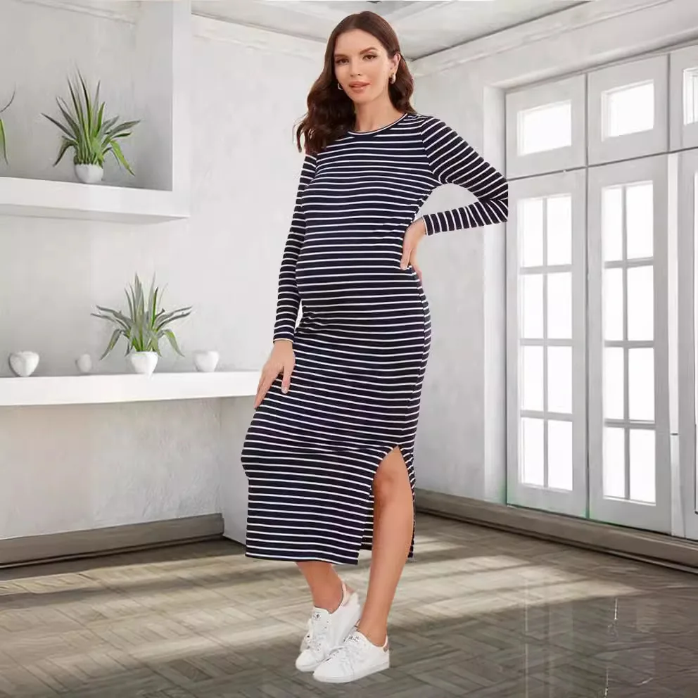 Vestido maternidad elegante a rayas con dobladillo dividido - imagen 5