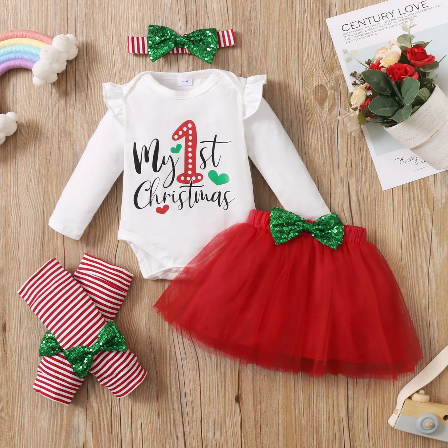 Conjunto Navidad bebé niña: pelele, falda malla, calcetines y diadema - imagen 3
