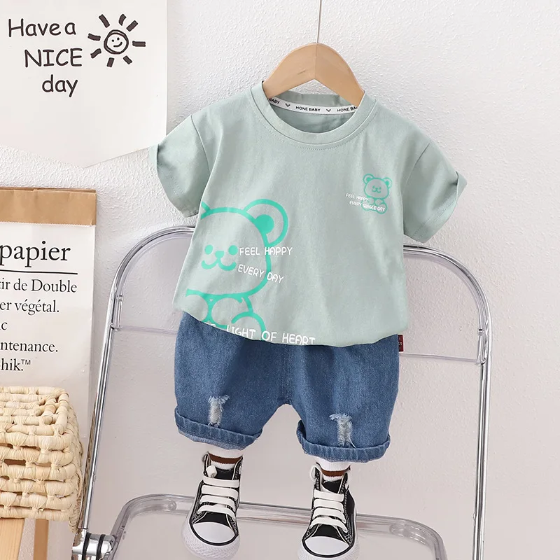 Conjunto de algodón infantil de oso de dibujos animados para verano - imagen 3