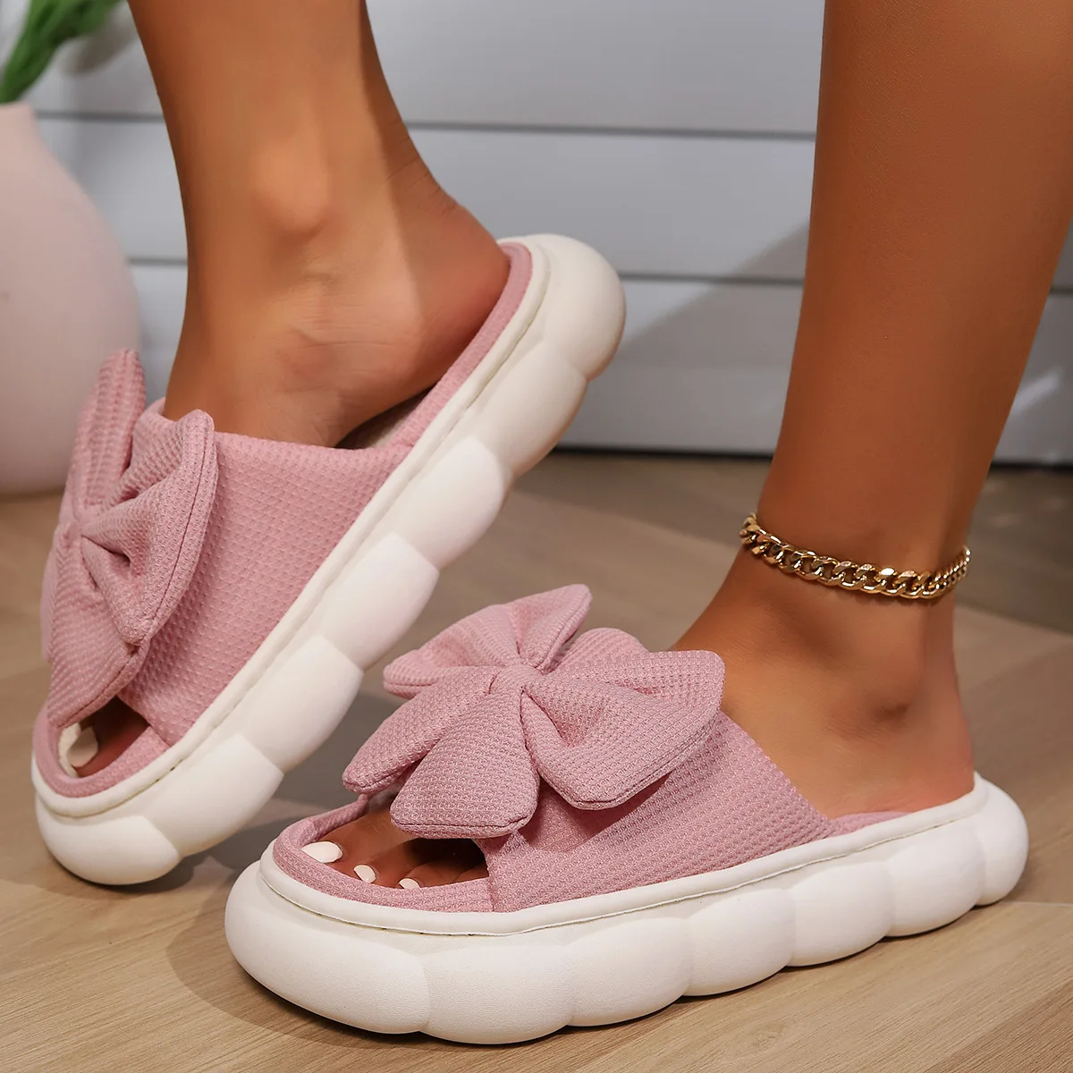 Zapatillas de casa en lino y algodón con lazo grande antideslizante - imagen 3