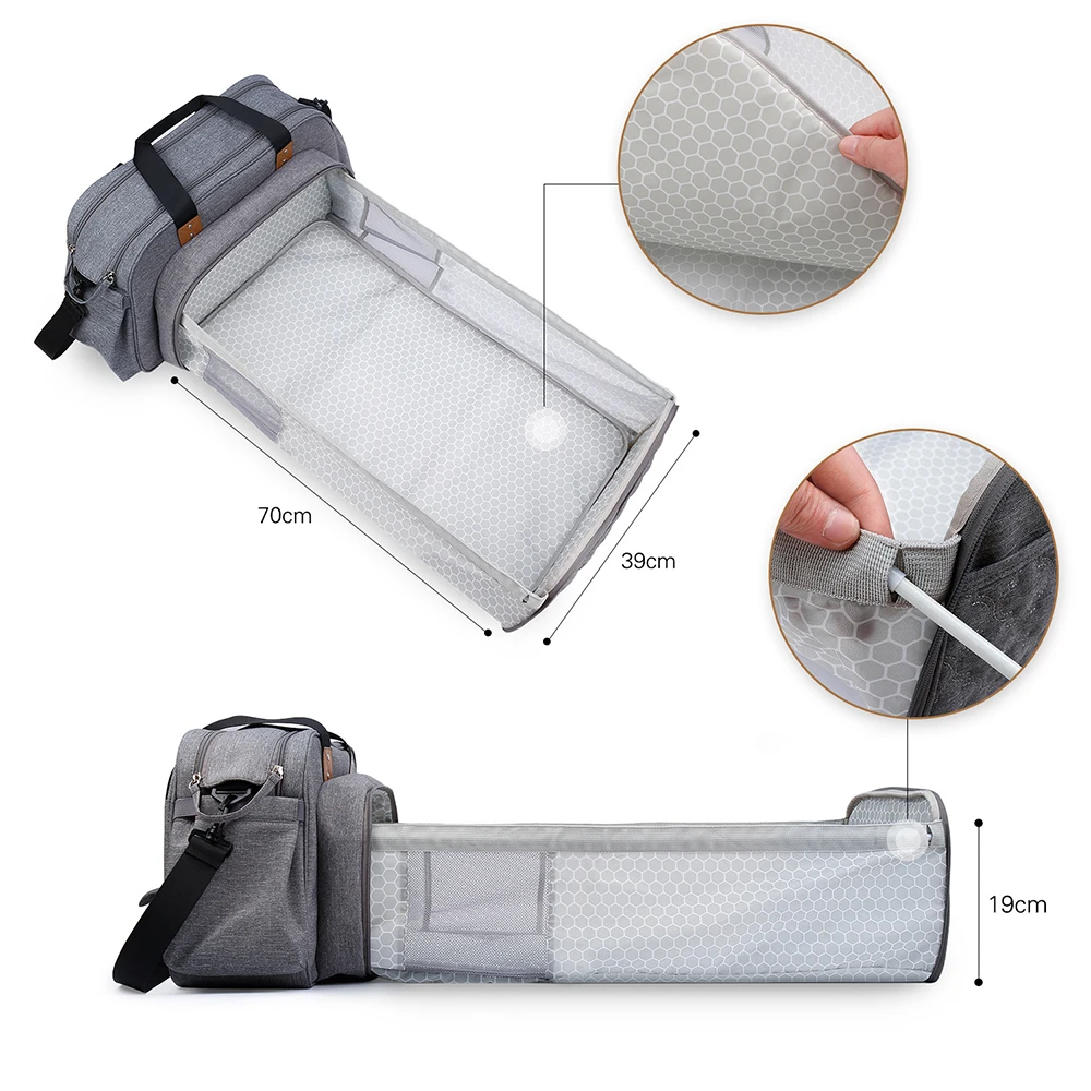Bolsa de pañales gris convertible en cuna con organizador para viaje - imagen 3