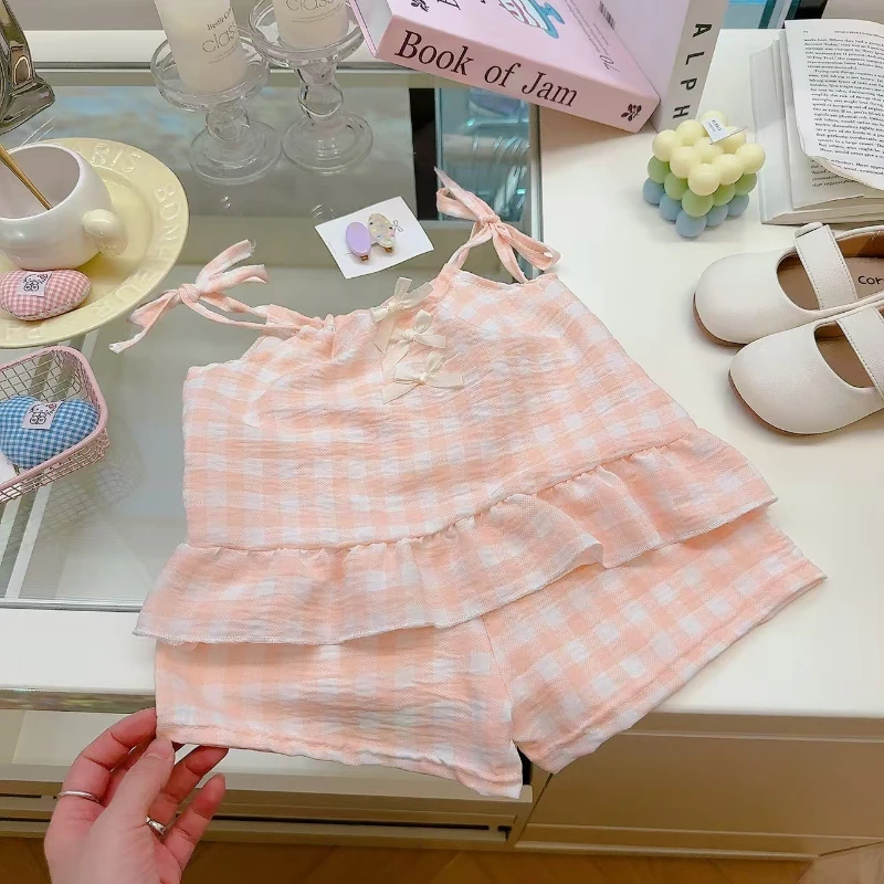 Conjunto verano niña tirantes lazo falda cuadros princesa traje dulce - imagen 5