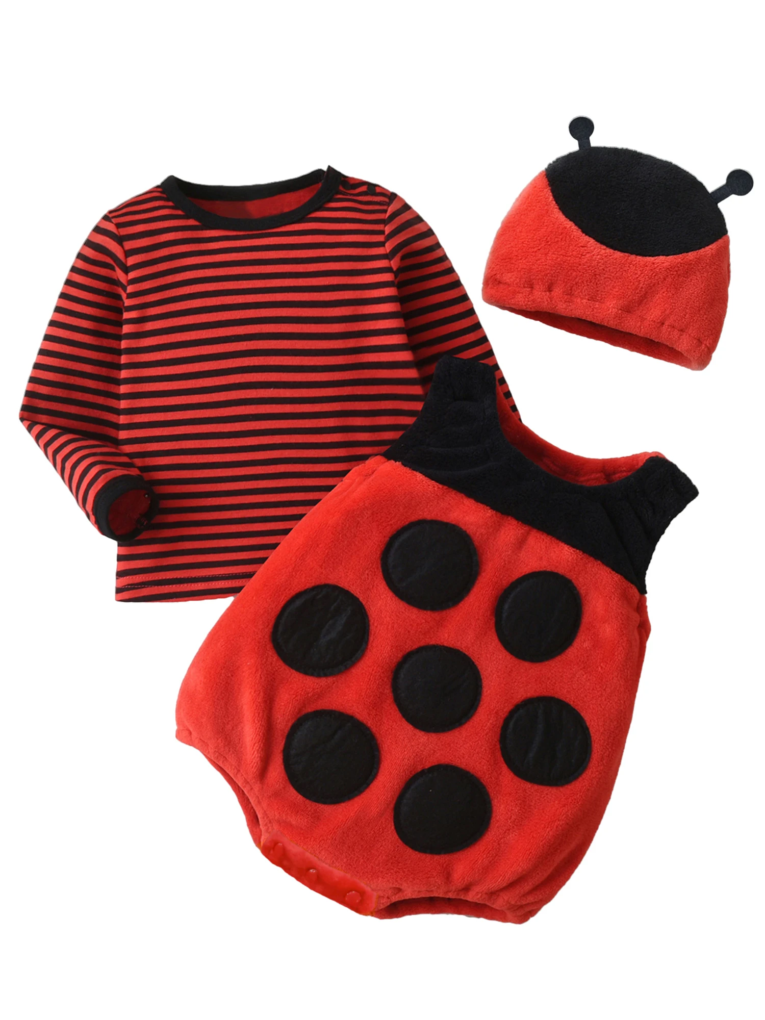 Disfraz de mariquita infantil con mameluco, camiseta a rayas y sombrero