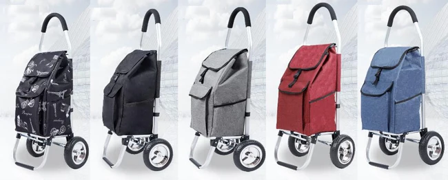 Carrito de compras plegable visto de frente con bolsa instalada