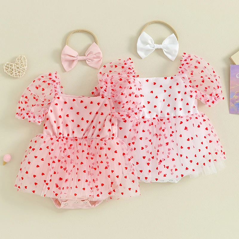 Pelele recién nacida niña San Valentín con corazón y diadema lazo