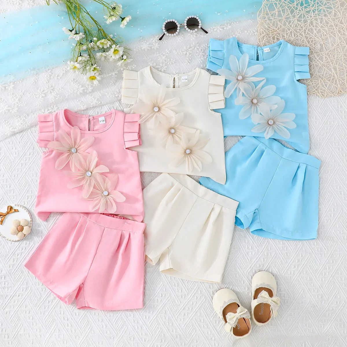 Conjunto de verano para niñas: top rosa sin mangas y pantalones cortos - imagen 2