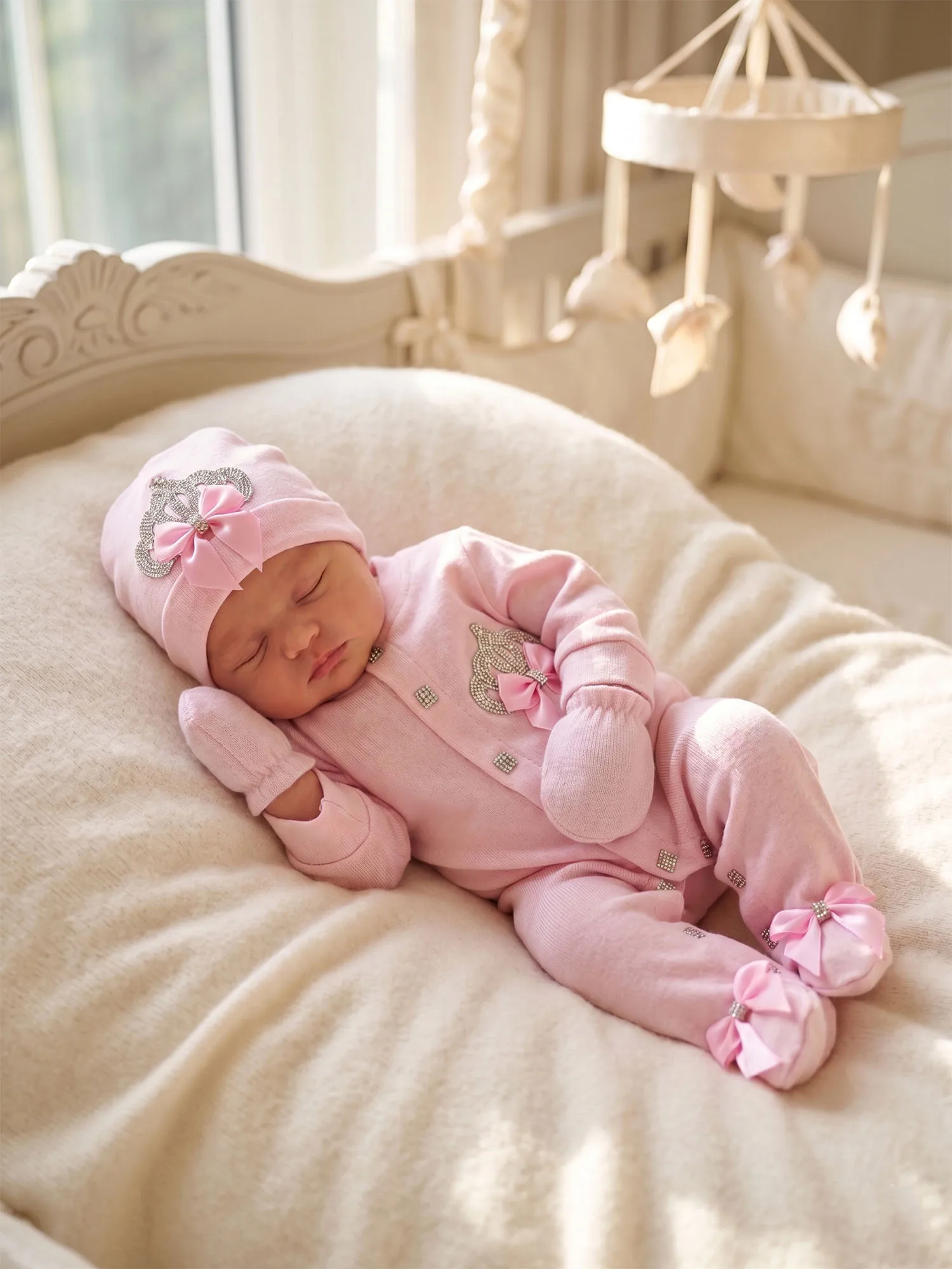 Conjunto bebé recién nacido de lujo con pelele, gorro y manoplas - imagen 5