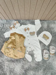 Traje de bautizo bebé príncipe de algodón con chaleco blanco