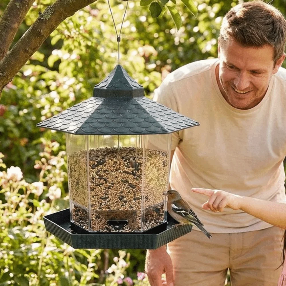 Comedero para pájaros colgante tipo torre de plástico transparente - imagen 2