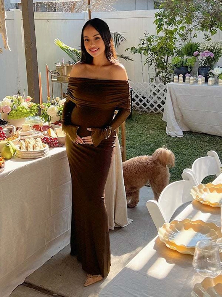Vestido premamá largo para baby shower con hombros descubiertos - imagen 2