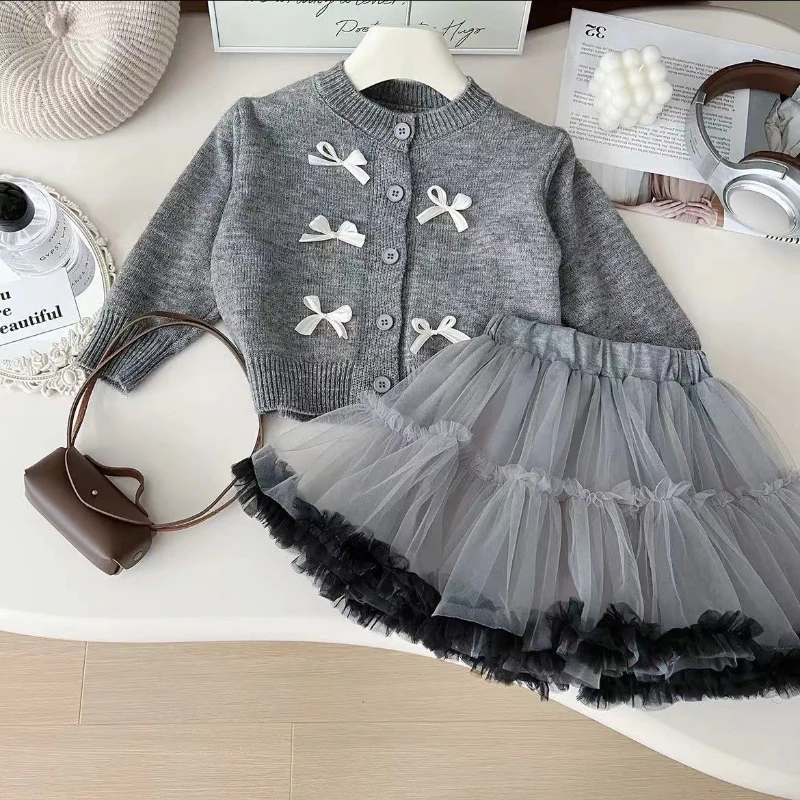 Conjunto de punto para niña con cárdigan y falda de gasa - imagen 3