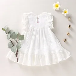 Vestido niña verano lino plisado con bordado delicado manga corta