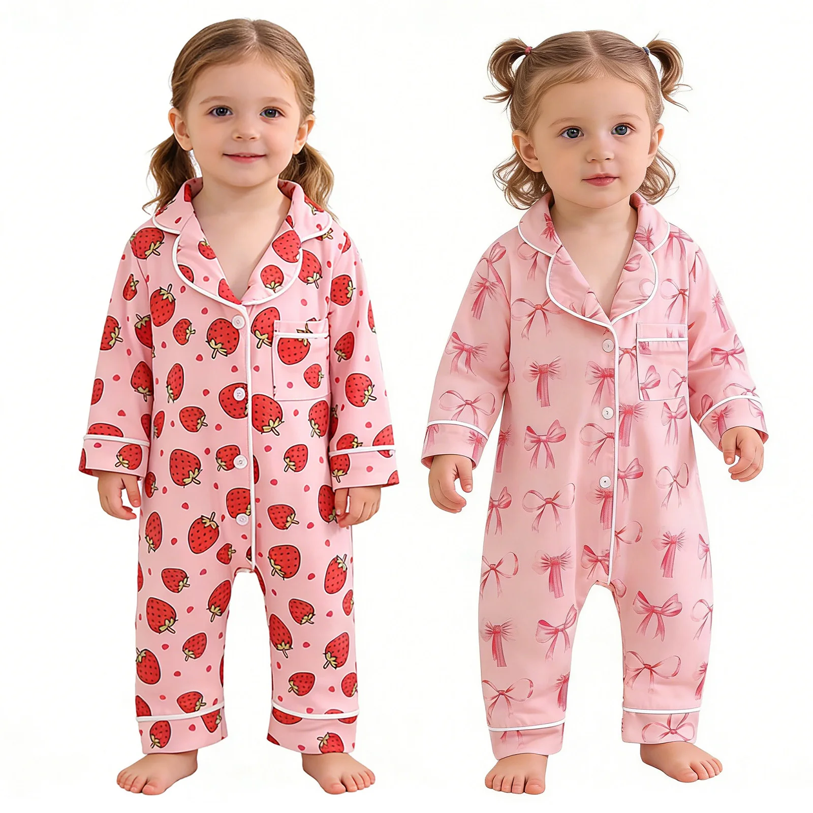Pijama mono infantil niña estampado fresa con lazo y botones