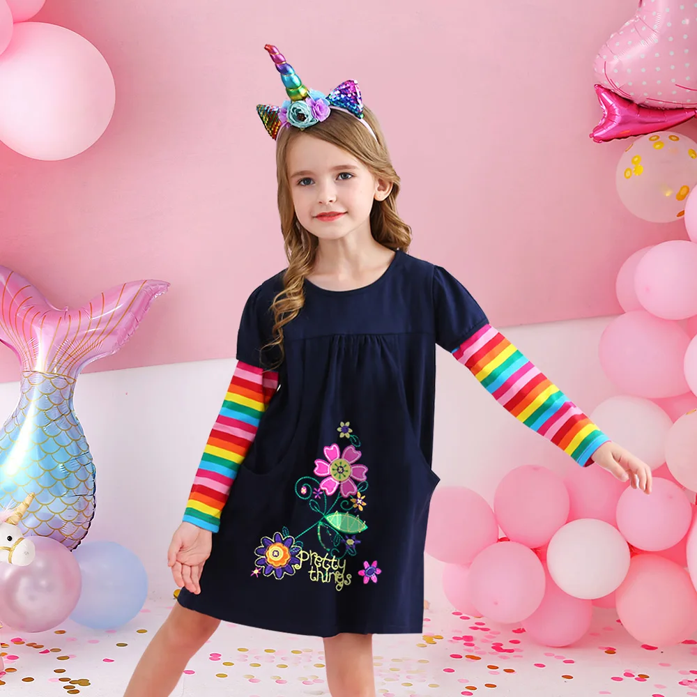 DXTON Vestido bordado de algodón para niña con flores y bolsillos - imagen 4