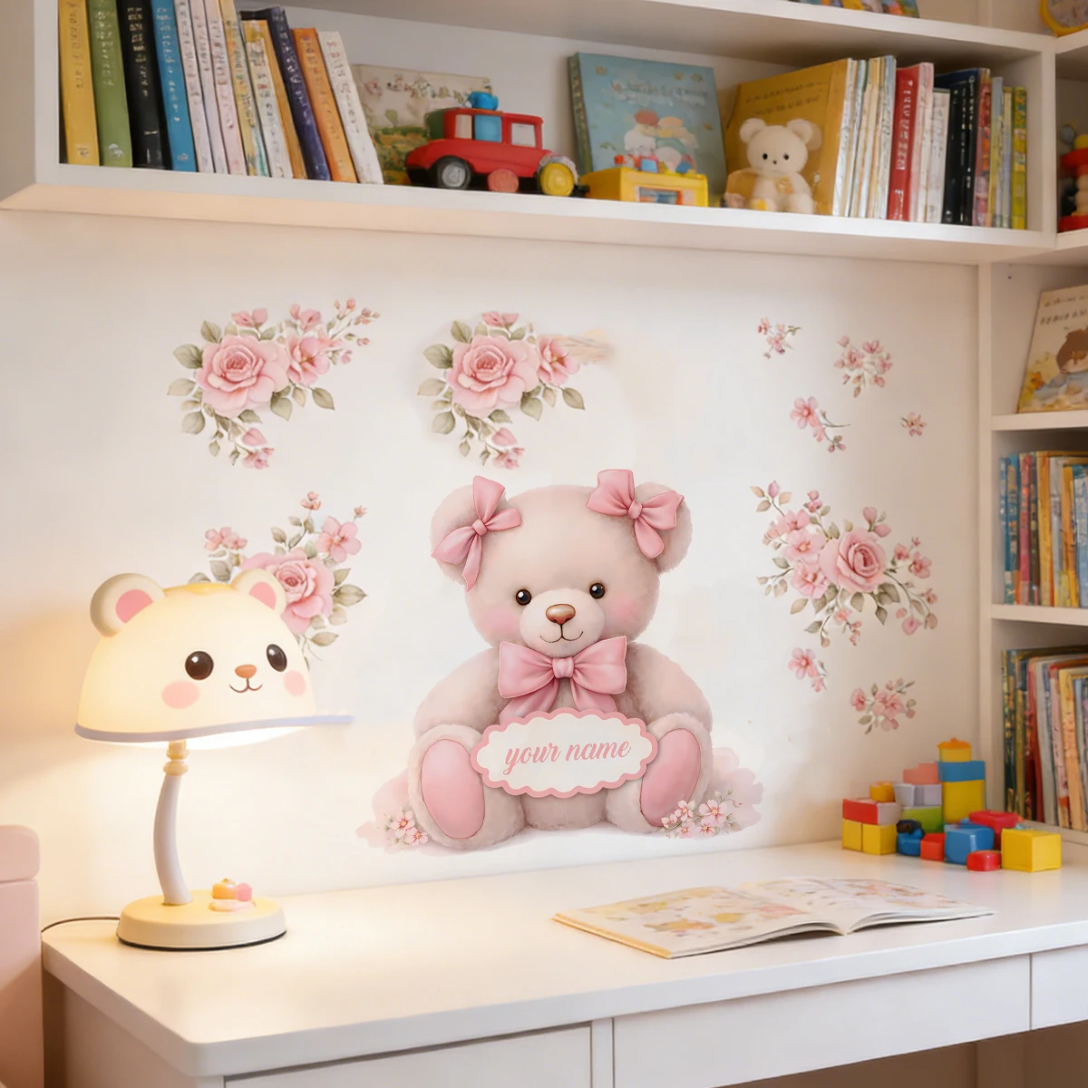 Pegatina de pared personalizada con nombre y lazo rosa, oso de peluche - imagen 2